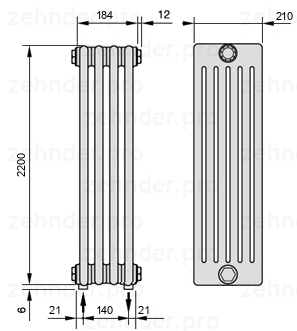 Схема (чертеж) Радиатор Zehnder Charleston 6220/4 №3570 Белый глянцевый RAL 9016